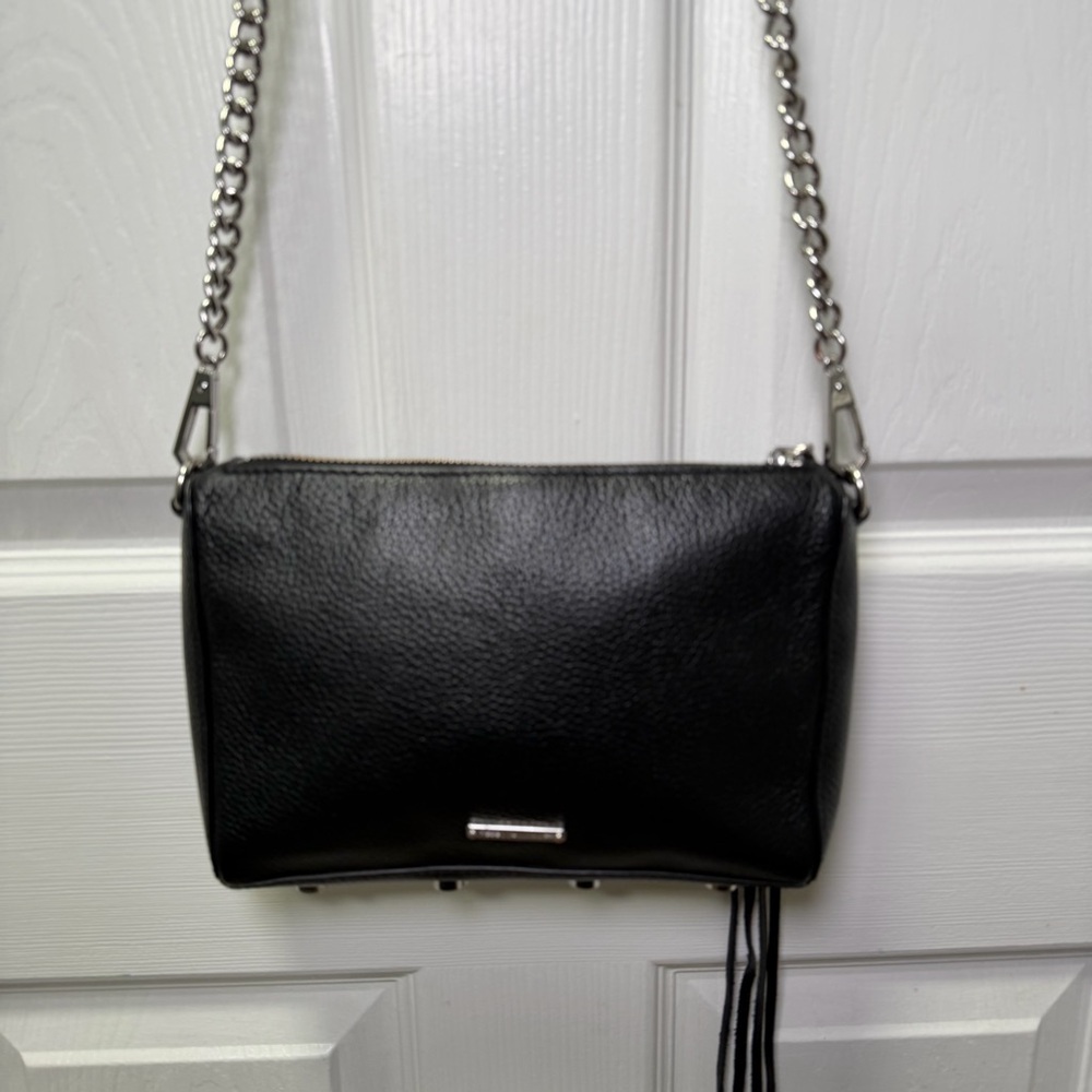 Rebecca Minkoff Avery Leather Crossbody Bag, Pebbled Black Silver Chain